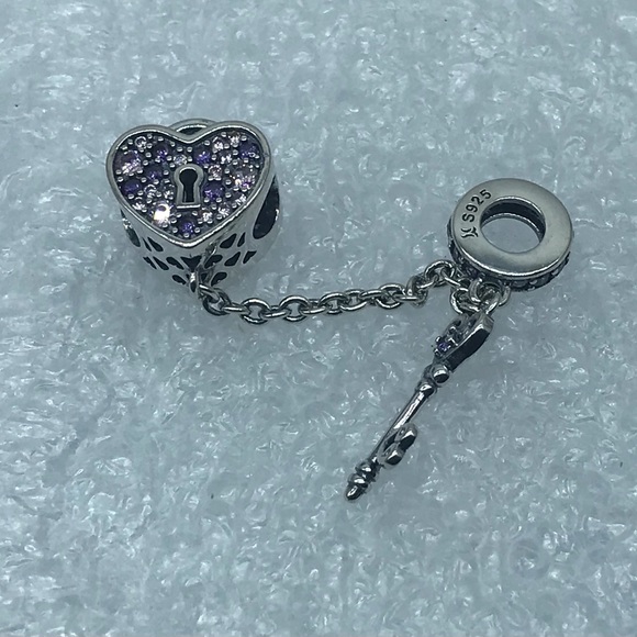 ❤️ Lock with Key , Purple Crystal CZ Charm Sterling Silver 925 #HP15-8 - Picture 5 of 5